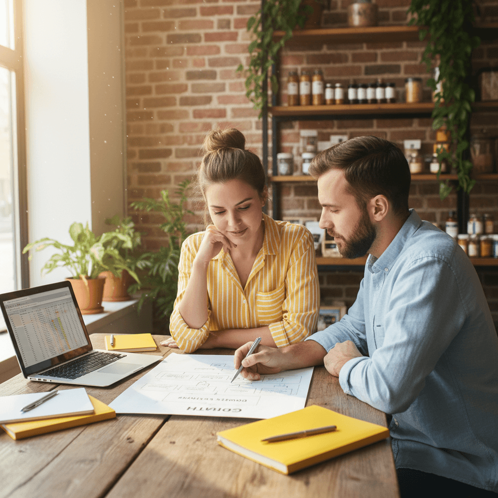 Consultant coaching a small business owner through a planning session at a wooden table