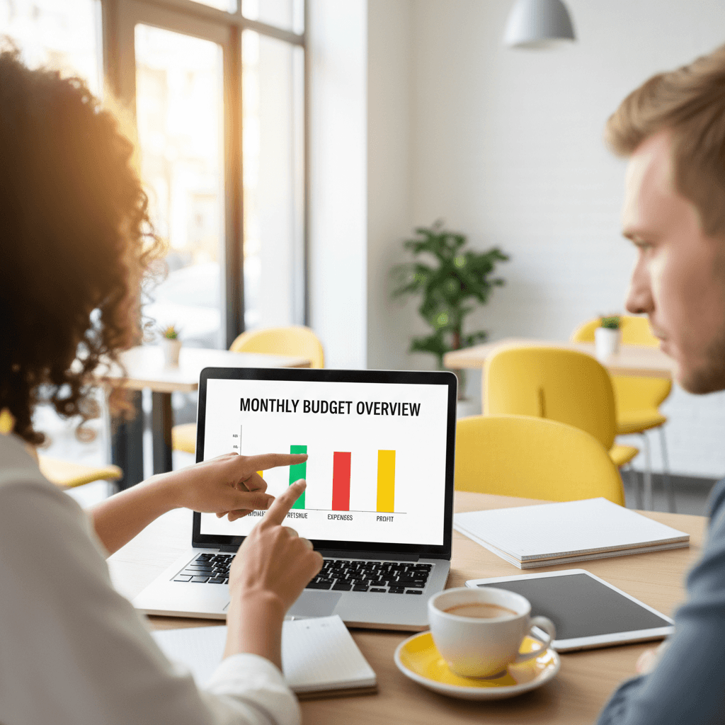 Business owner and consultant reviewing a budget chart together on a laptop