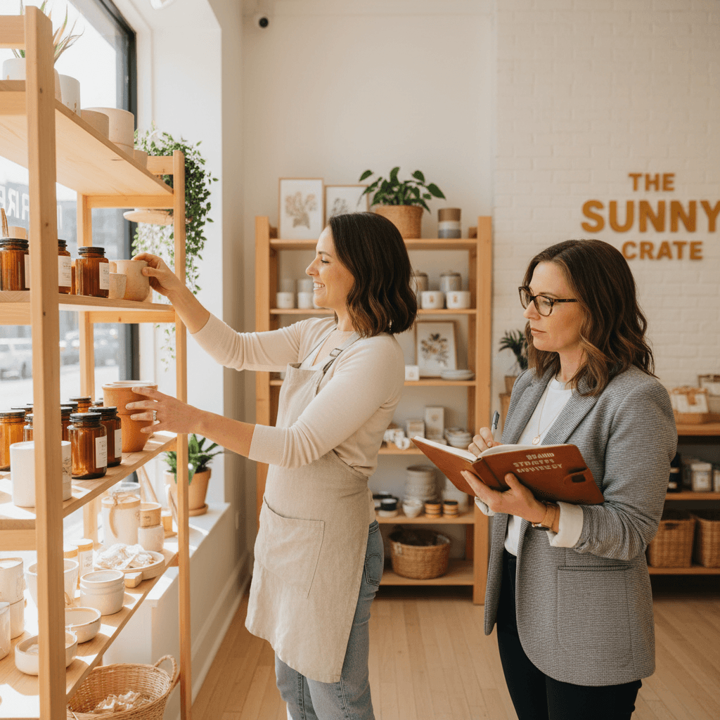 Consultant observing a shop owner arranging products in a bright boutique