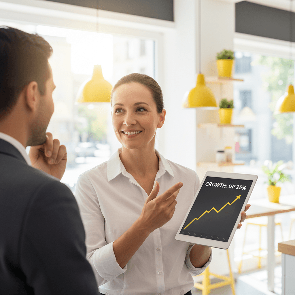 Business owner viewing an upward growth chart on a tablet with satisfaction