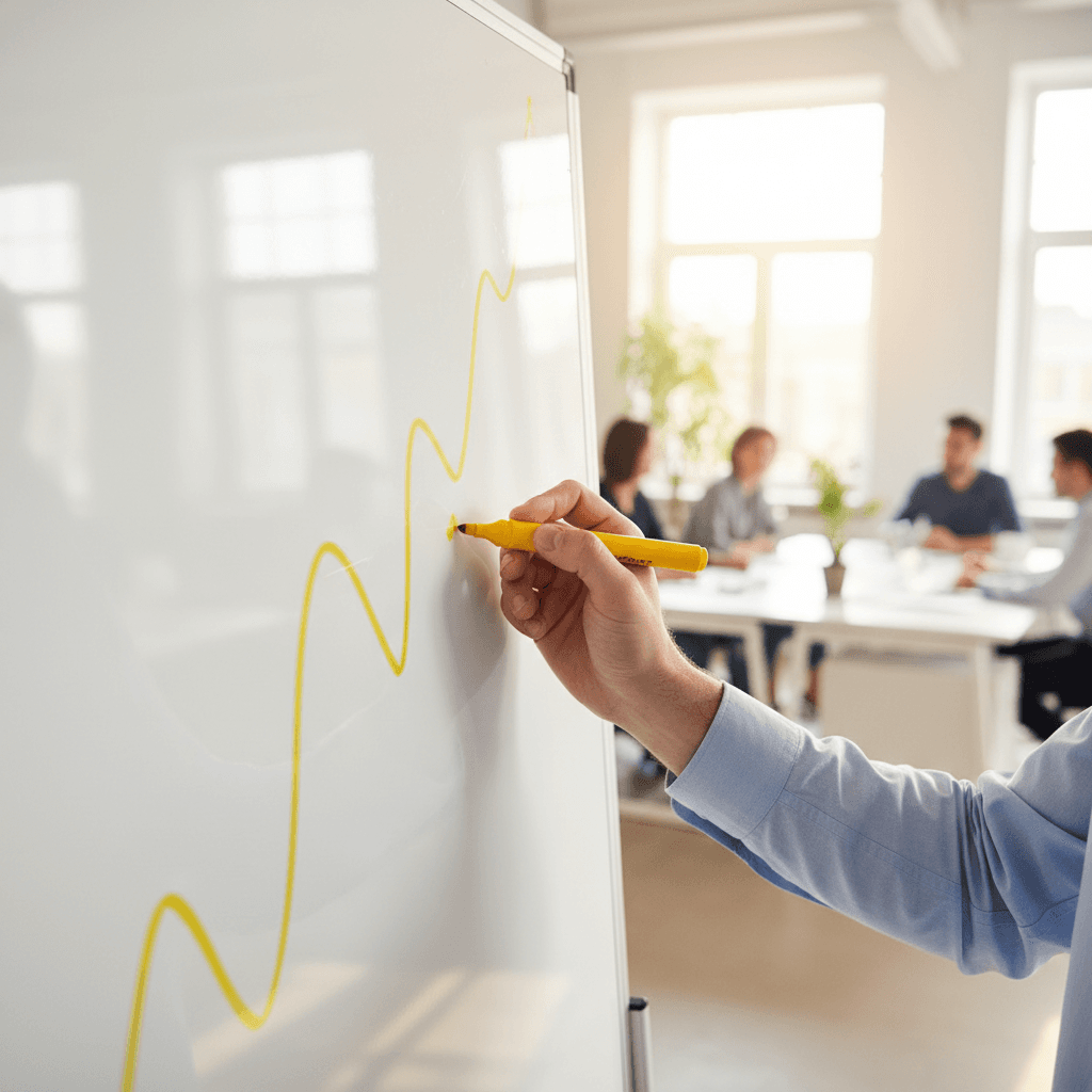 Hands drawing a clear marketing plan on a whiteboard with a yellow marker