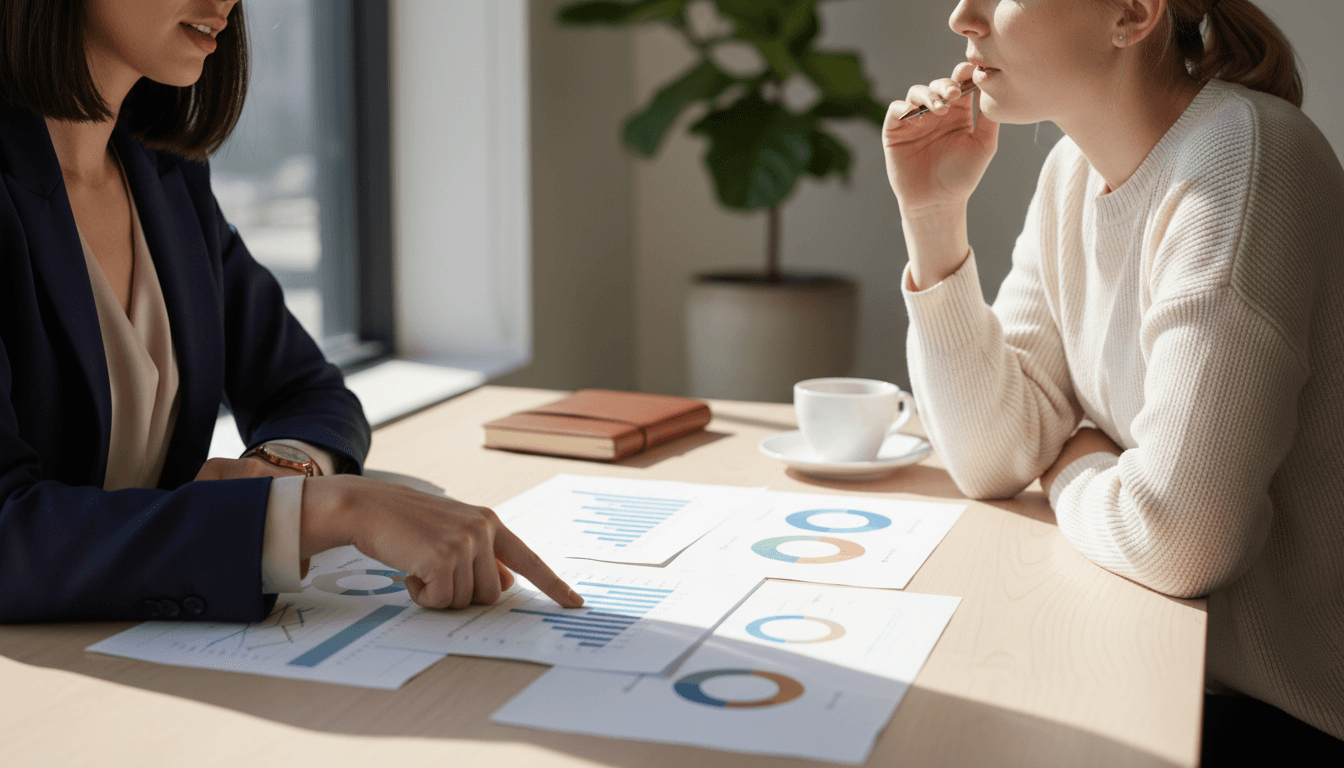 Small business owner and consultant reviewing a marketing plan together