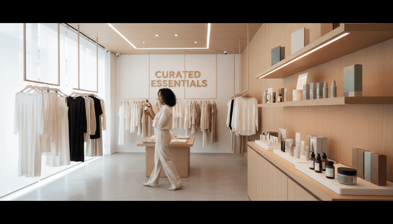 Boutique owner arranging products in a bright retail space