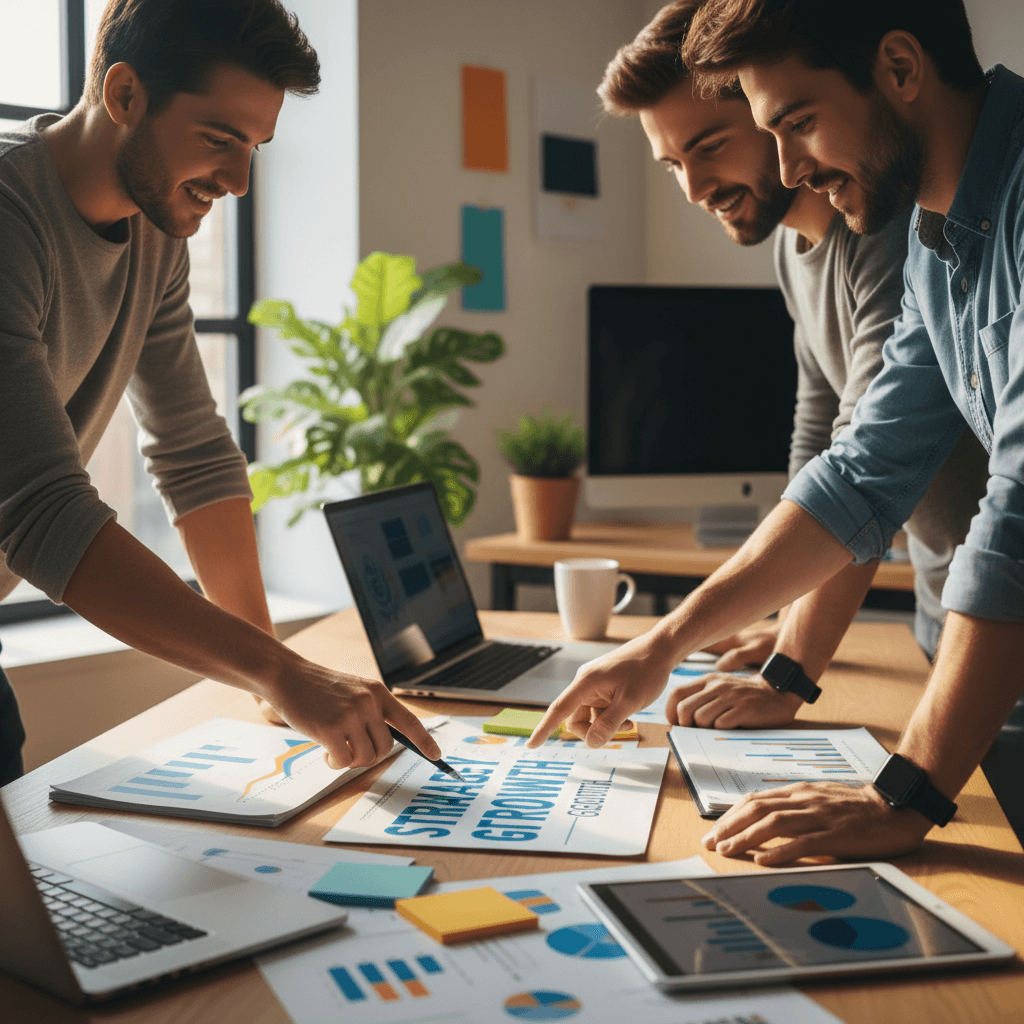 Small business owners reviewing a one-page marketing plan together