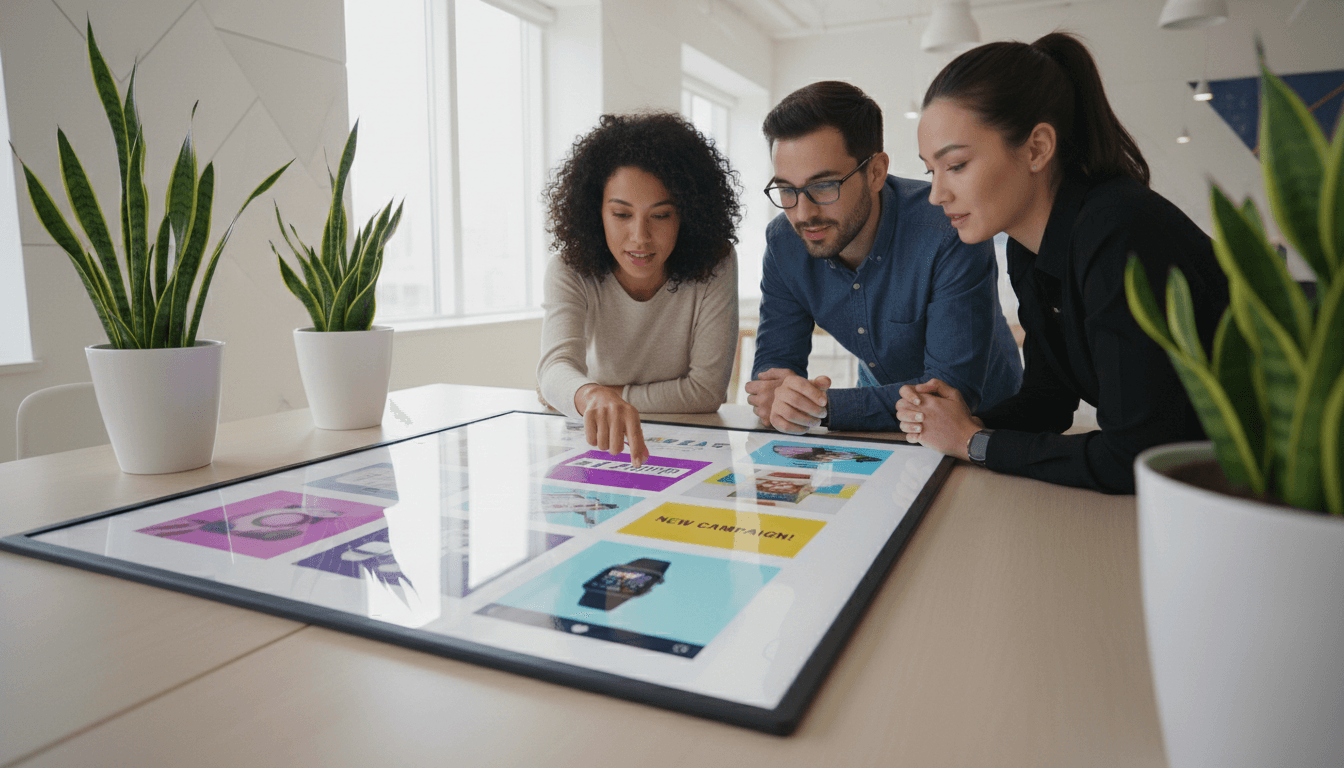 Marketing consultant reviewing a strategic plan with a small business owner in a bright, modern office