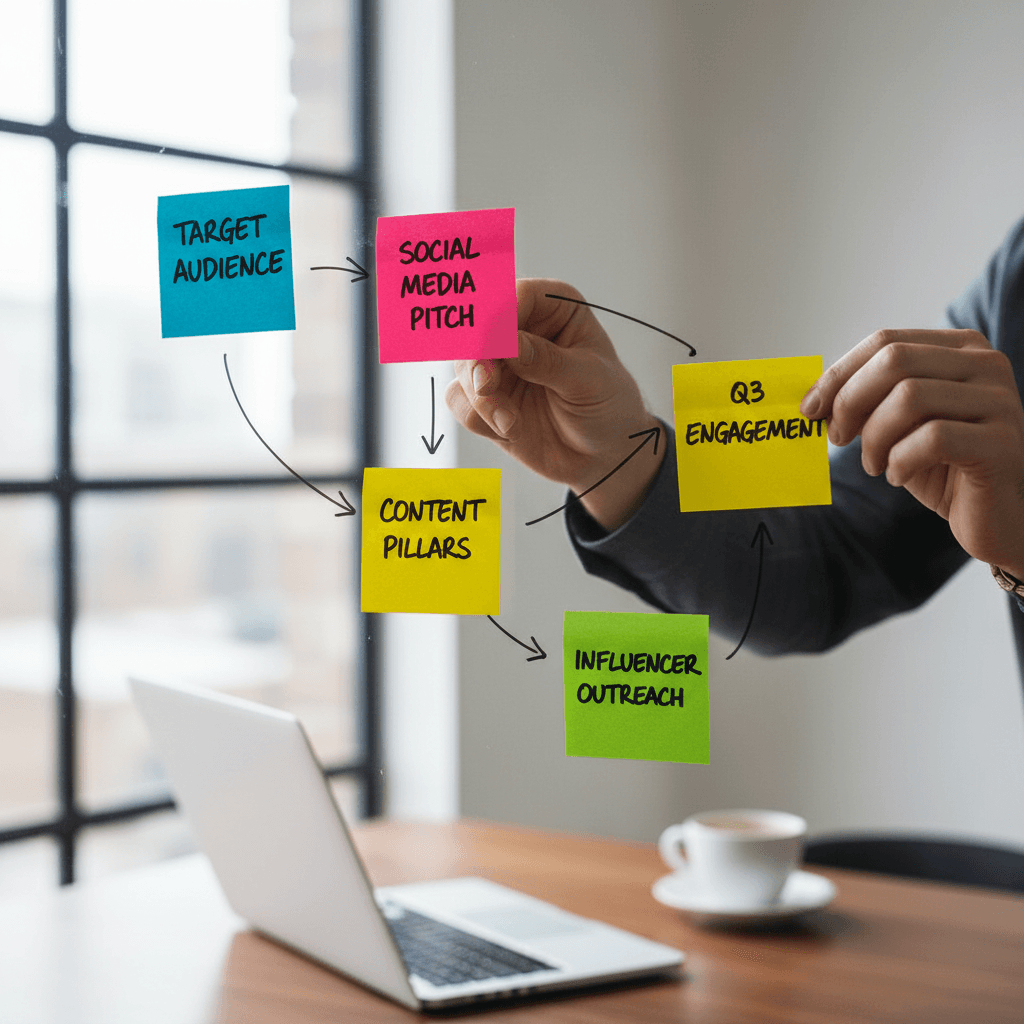 Hands planning a marketing calendar with sticky notes on a whiteboard