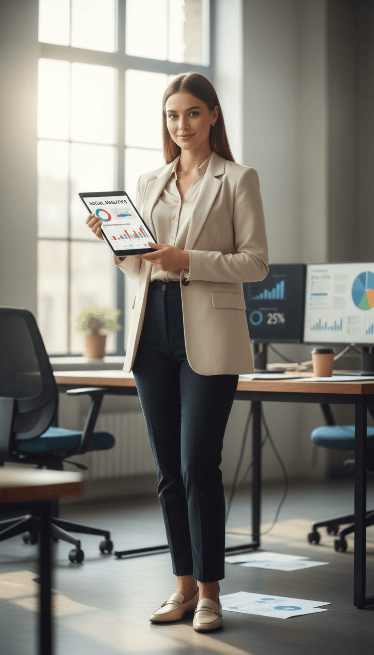 Marketing consultant reviewing a strategy notebook at a bright desk