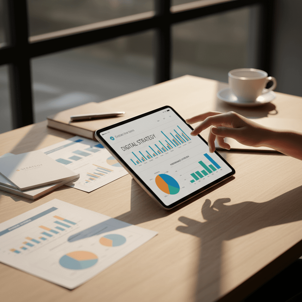 Consultant reviewing a marketing plan with a small business owner at a bright table