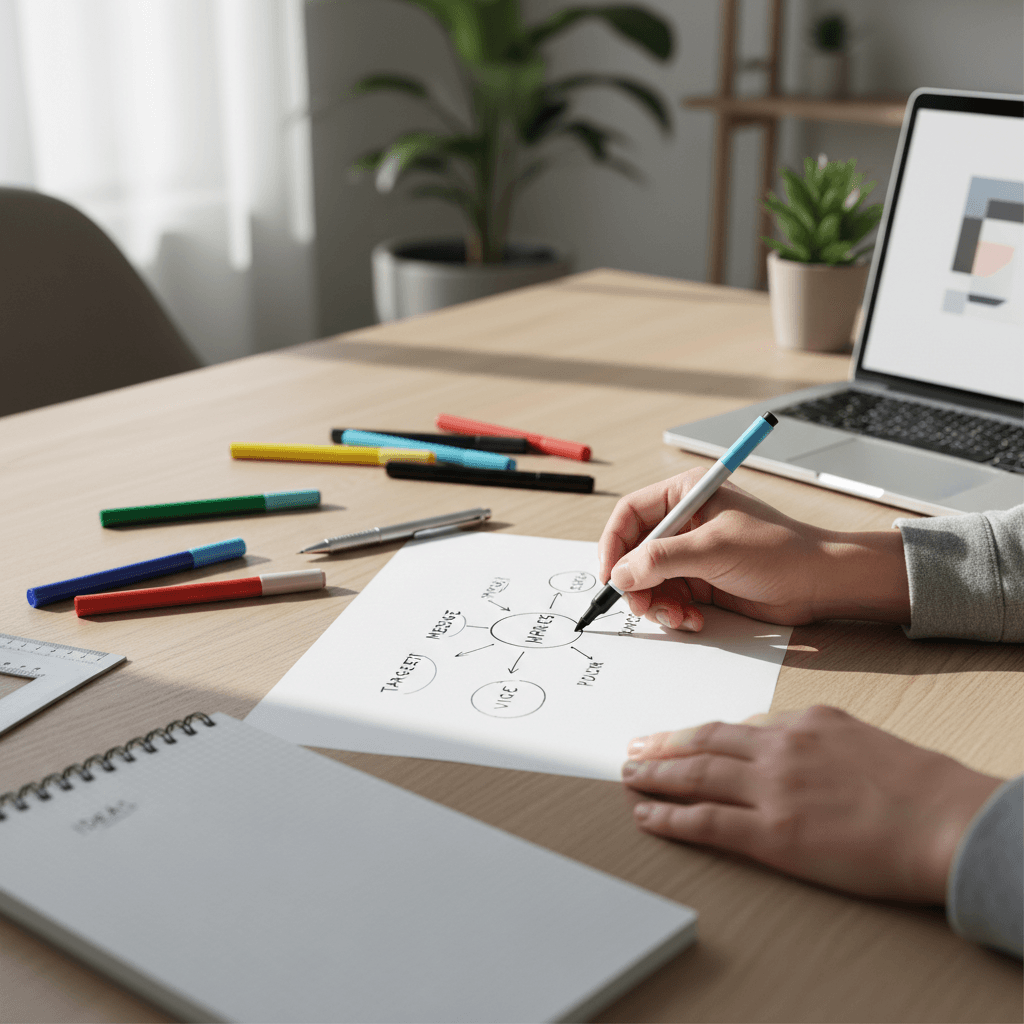 Hands sketching a marketing strategy outline on a whiteboard with sticky notes
