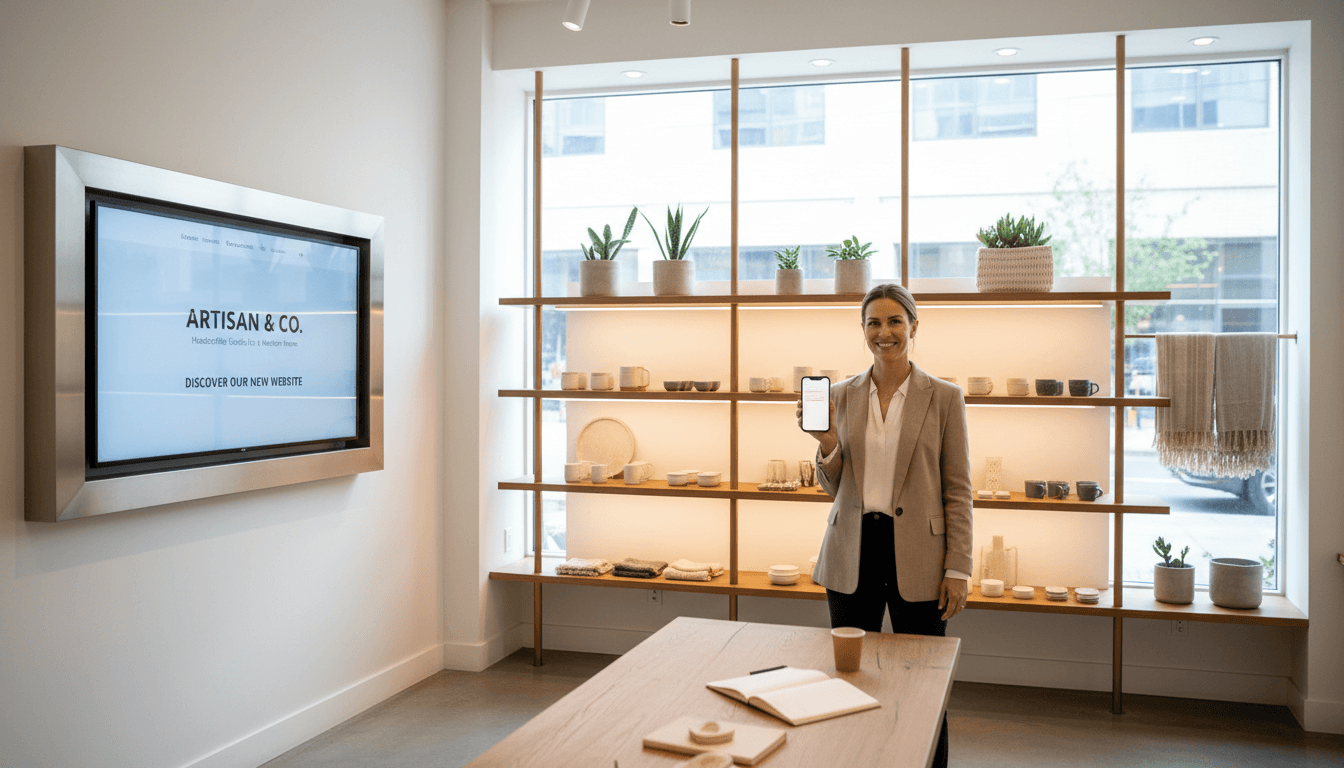 Small business owner in a retail shop checking a social media dashboard on a tablet