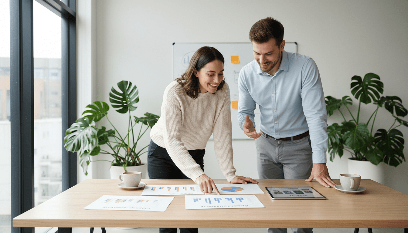 Small business owner and consultant reviewing marketing plans together