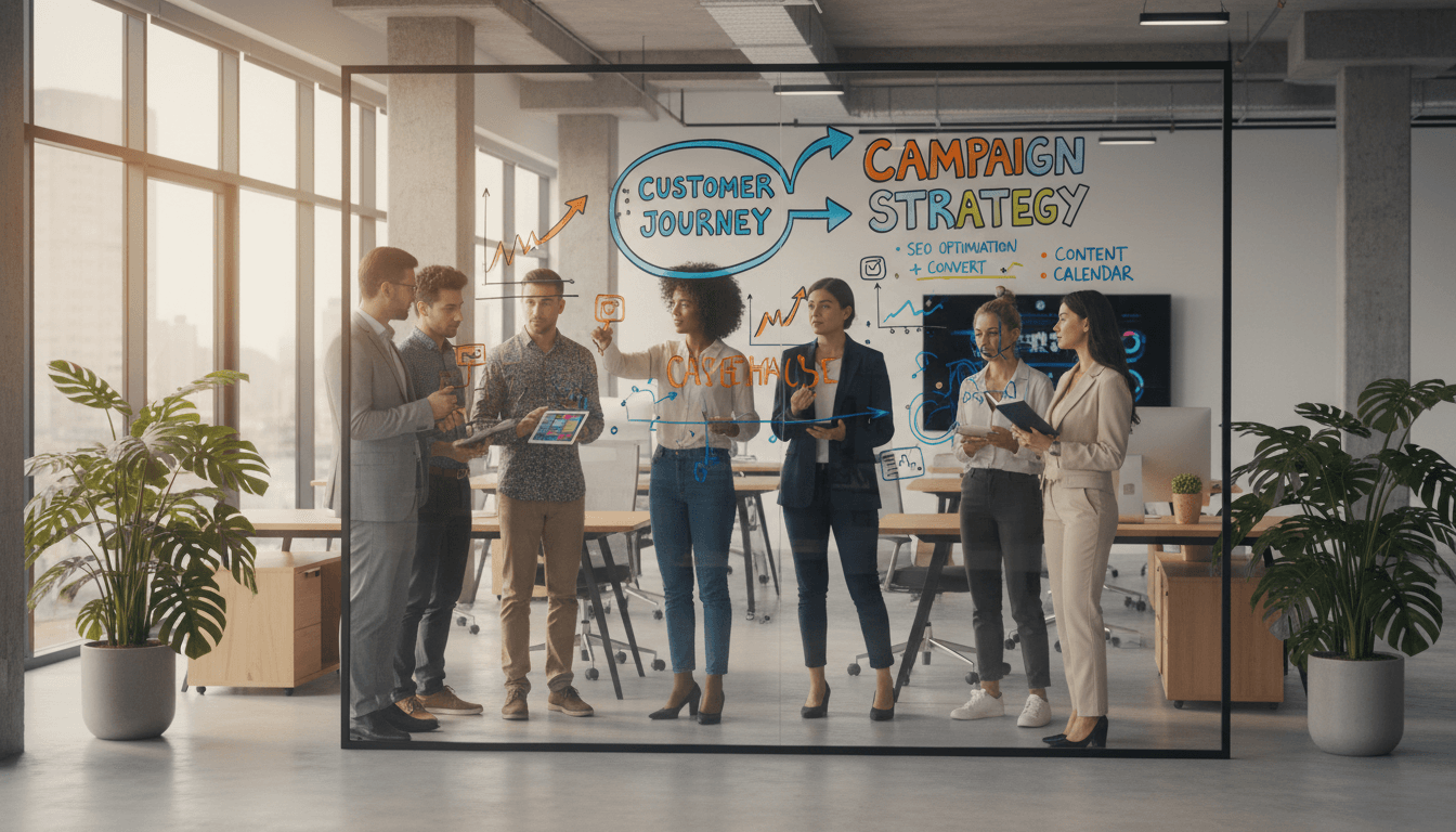 Small team brainstorming marketing ideas on a glass wall