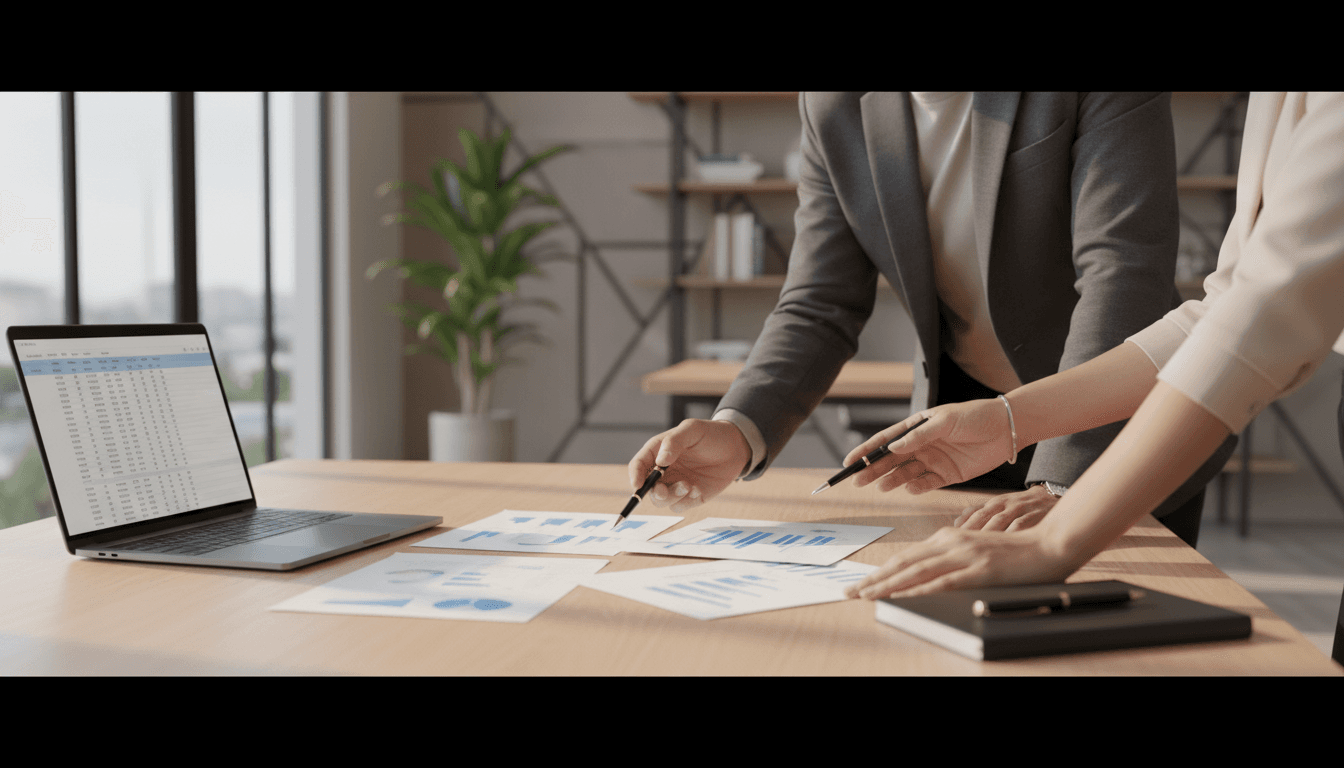 Small business owner reviewing marketing strategy notes with a consultant at a bright table